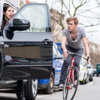 Young bicyclist shouting at owner while swerving for avoiding dangerous collision with car Young bicyclist shouting at owner while swerving for avoiding dangerous collision with car