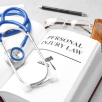 Book with words PERSONAL INJURY LAW and stethoscope on table Book with words PERSONAL INJURY LAW and stethoscope on table
