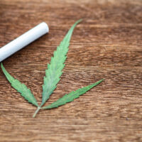 Marijuana leaf and cigarette Placed on a brown wood floor Marijuana leaf and cigarette Placed on a brown wood floor