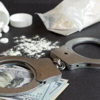 Drugs and handcuffs composition. Selective focus. Crime concept. Illegal money.
