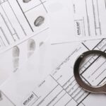 Handcuffs and fingerprint record sheets, top view. Criminal investigation Handcuffs and fingerprint record sheets, top view. Criminal investigation