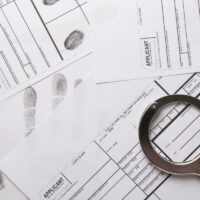 Handcuffs and fingerprint record sheets, top view. Criminal investigation Handcuffs and fingerprint record sheets, top view. Criminal investigation