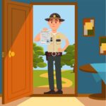 Town male sheriff police officer character in official uniform standing on the doorstep of the house and showing warrant sheet of paper vector Illustration Town male sheriff police officer character in official uniform standing on the doorstep of the house and showing warrant sheet of paper vector Illustration