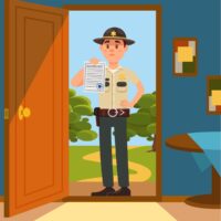 Town male sheriff police officer character in official uniform standing on the doorstep of the house and showing warrant sheet of paper vector Illustration