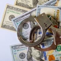 100 US dollars banknotes of counterfeit money and handcuffs