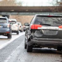 Car crash accident on highway at day nobody traffic