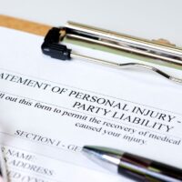 Personal injury claim on clipboard with pen and glasses. negligence injury