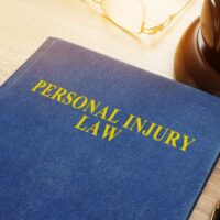 Personal injury law on a desk and gavel.