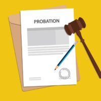 Probation text on stamped paperwork illustration with judge hammer and folder