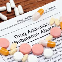 Information on drug addiction or substance abuse with varius pills scattered over the page.