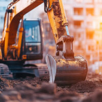 Excavator digs earth at construction site Excavator digs earth at construction site