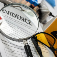 Basic research utensils with a evidence bag in Laboratory forensic equipment, conceptual image Basic research utensils with a evidence bag in Laboratory forensic equipment, conceptual image