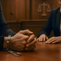 Defendant in court, handcuffed, awaiting trial, seated at the defense table with hands clasped together.