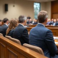 Courtroom scene with audience attending legal proceeding and lawyers in session for justice system