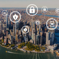 Cyber security theme with aerial view of Manhattan