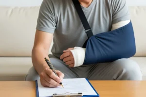 Man with broken arm signs paperwork for insurance claim