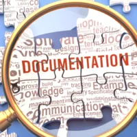 Documentation as a complex and multipart topic under close inspection. Complexity shown as matching puzzle pieces defining dozens of vital ideas and concepts about Documentation,3d illustration