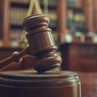 a wooden gavel resting on its stand, positioned in front of a wooden bookshelf filled with law books.