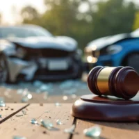 Gavel on wooden table with broken glass near damaged vehicles after traffic collision. Scene symbolizes legal proceedings, court, justice, insurance claims, crash. Serious car accident.