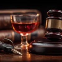a-gavel-sits-beside-car-keys-and-a-glass-of-red-liquid