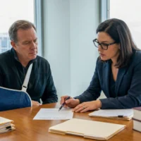 a-woman-in-a-suit-discusses-a-document-with-a-man-in-a-sling-at-an-office-table