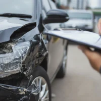 a-damaged-black-car-with-a-dented-front-bumper-and-headlight