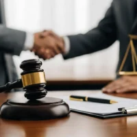 A gavel, scales of justice, and legal documents on a desk
